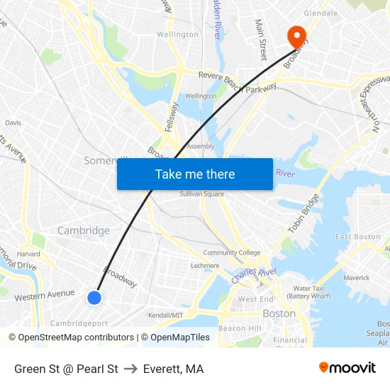 Green St @ Pearl St to Everett, MA map