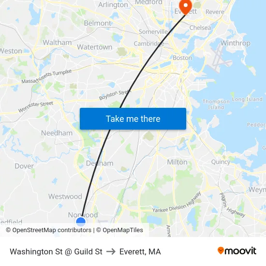 Washington St @ Guild St to Everett, MA map