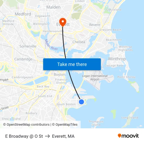 E Broadway @ O St to Everett, MA map