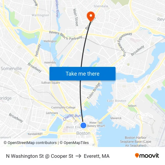 N Washington St @ Cooper St to Everett, MA map