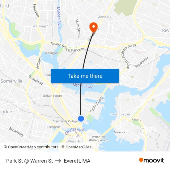 Park St @ Warren St to Everett, MA map