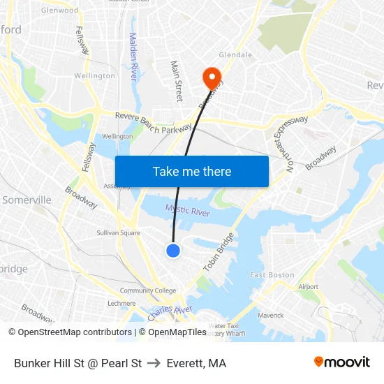 Bunker Hill St @ Pearl St to Everett, MA map