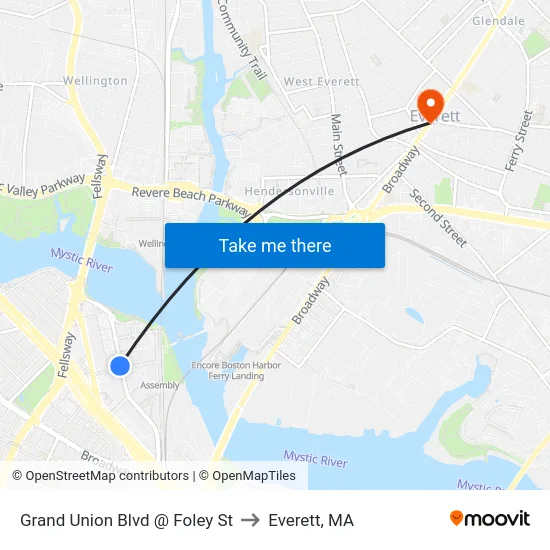 Grand Union Blvd @ Foley St to Everett, MA map