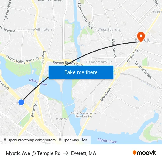 Mystic Ave @ Temple Rd to Everett, MA map
