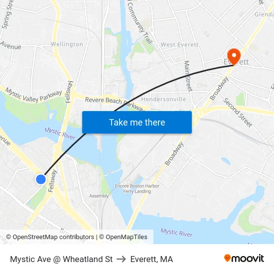 Mystic Ave @ Wheatland St to Everett, MA map