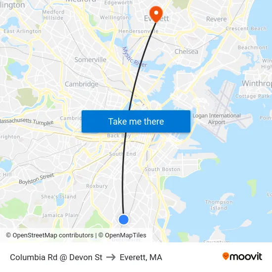 Columbia Rd @ Devon St to Everett, MA map