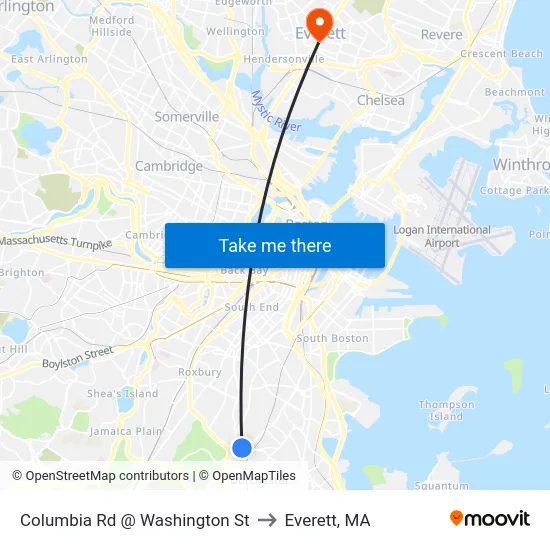 Columbia Rd @ Washington St to Everett, MA map