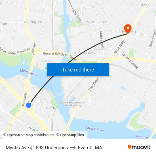Mystic Ave @ I-93 Underpass to Everett, MA map
