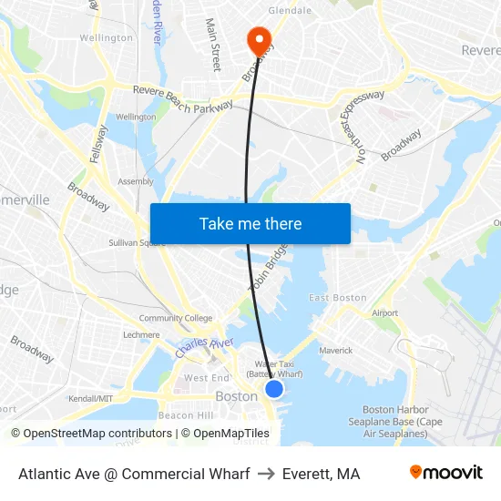 Atlantic Ave @ Commercial Wharf to Everett, MA map