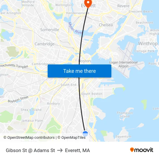 Gibson St @ Adams St to Everett, MA map