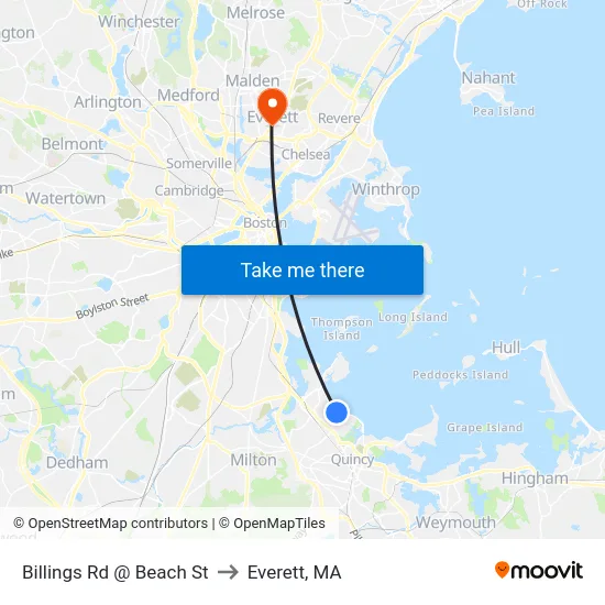 Billings Rd @ Beach St to Everett, MA map