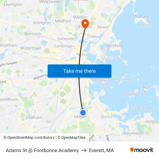 Adams St @ Fontbonne Academy to Everett, MA map