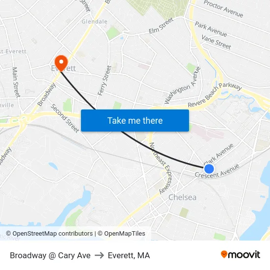 Broadway @ Cary Ave to Everett, MA map
