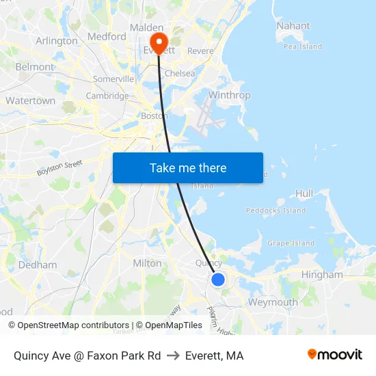 Quincy Ave @ Faxon Park Rd to Everett, MA map