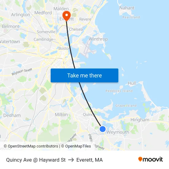 Quincy Ave @ Hayward St to Everett, MA map