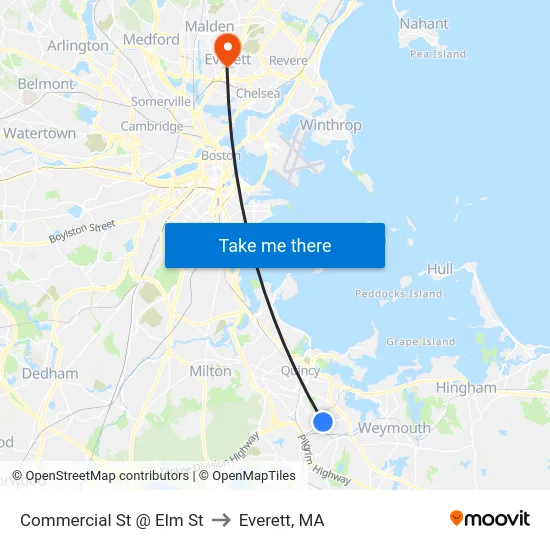 Commercial St @ Elm St to Everett, MA map