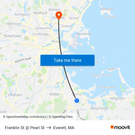 Franklin St @ Pearl St to Everett, MA map