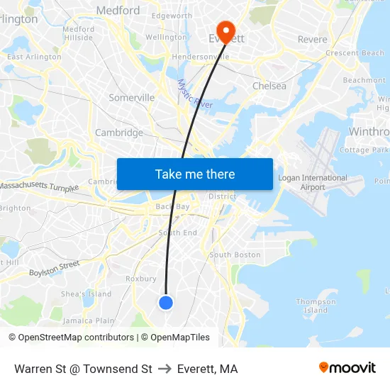 Warren St @ Townsend St to Everett, MA map