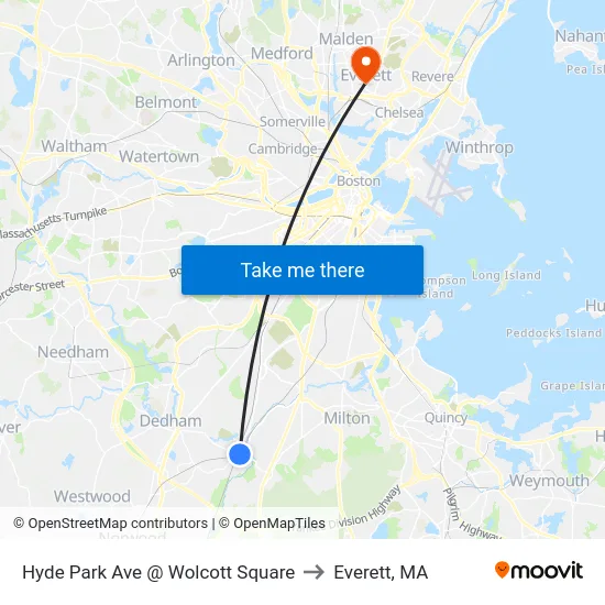Hyde Park Ave @ Wolcott Square to Everett, MA map