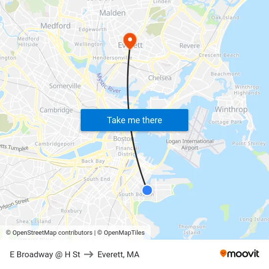E Broadway @ H St to Everett, MA map