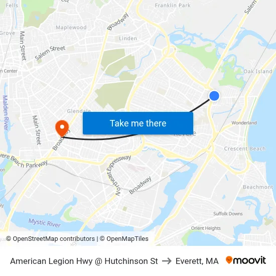 American Legion Hwy @ Hutchinson St to Everett, MA map