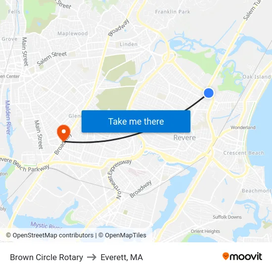 Brown Circle Rotary to Everett, MA map