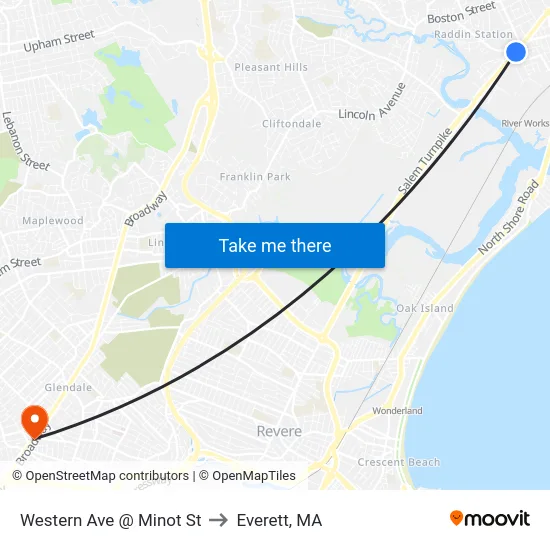 Western Ave @ Minot St to Everett, MA map