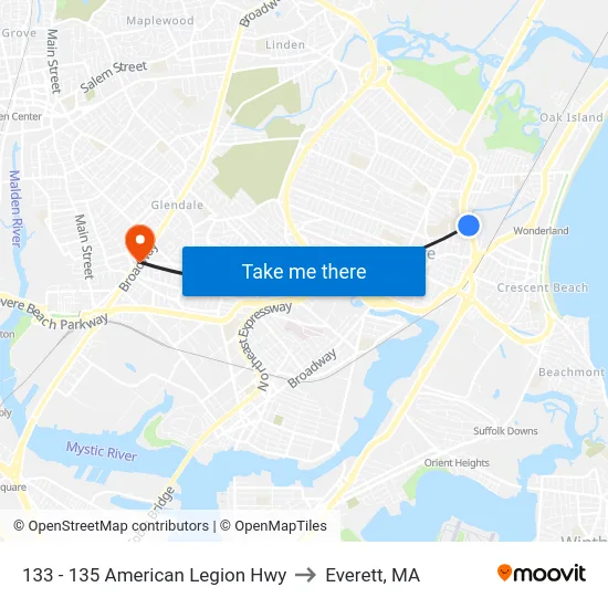 133 - 135 American Legion Hwy to Everett, MA map