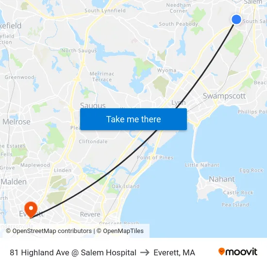 81 Highland Ave @ Salem Hospital to Everett, MA map