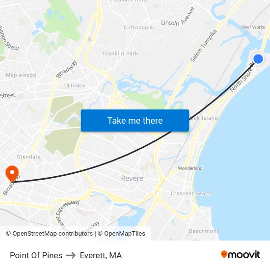 Point Of Pines to Everett, MA map