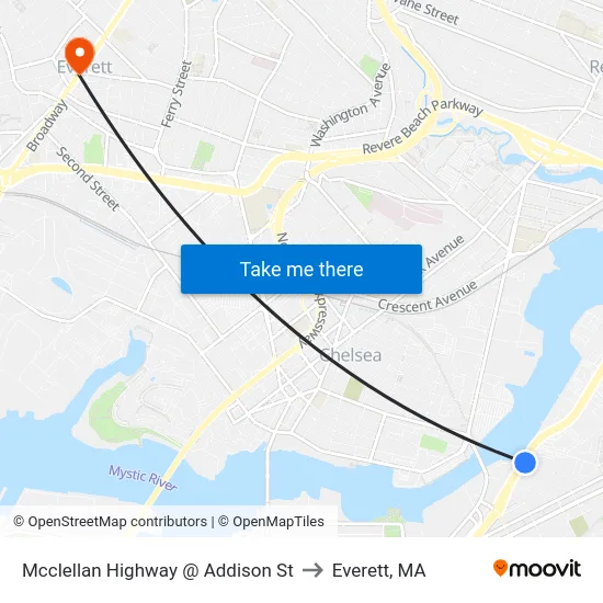 Mcclellan Highway @ Addison St to Everett, MA map