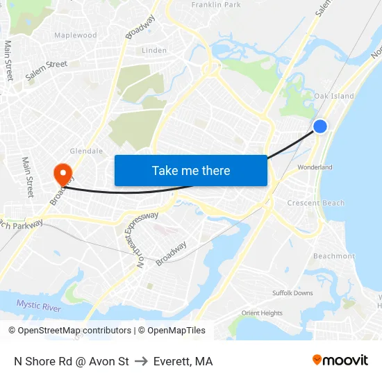N Shore Rd @ Avon St to Everett, MA map