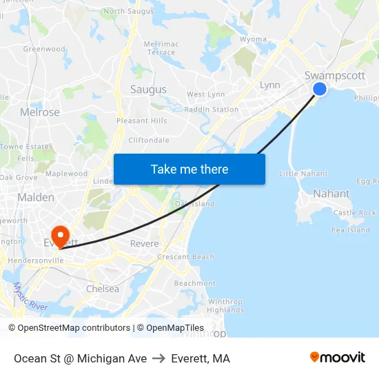 Ocean St @ Michigan Ave to Everett, MA map