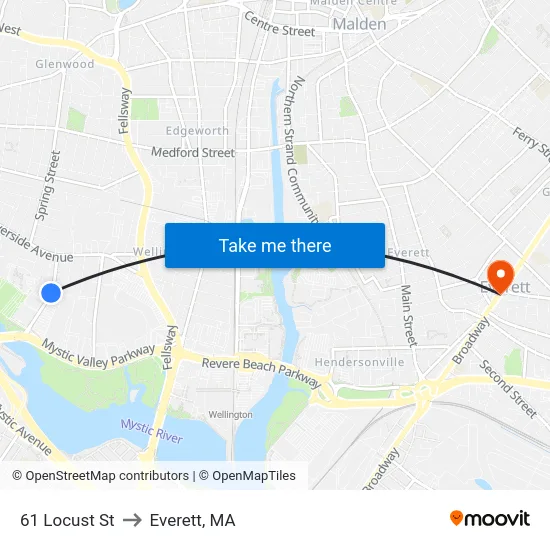 61 Locust St to Everett, MA map