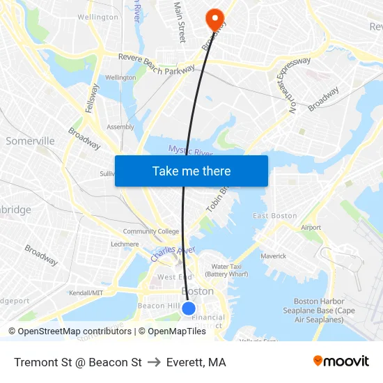 Tremont St @ Beacon St to Everett, MA map