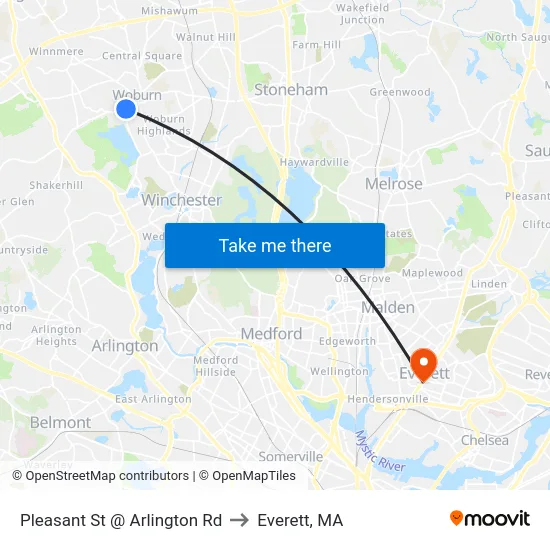 Pleasant St @ Arlington Rd to Everett, MA map