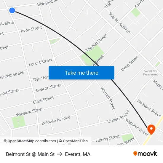Belmont St @ Main St to Everett, MA map
