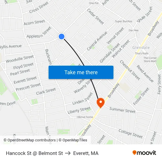 Hancock St @ Belmont St to Everett, MA map