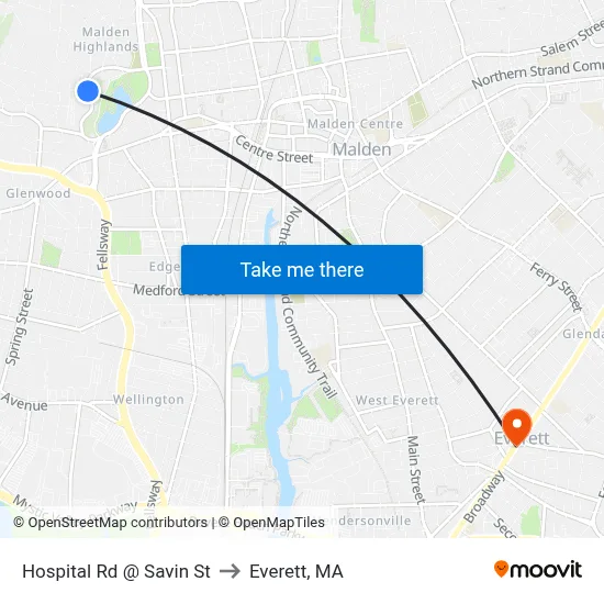 Hospital Rd @ Savin St to Everett, MA map