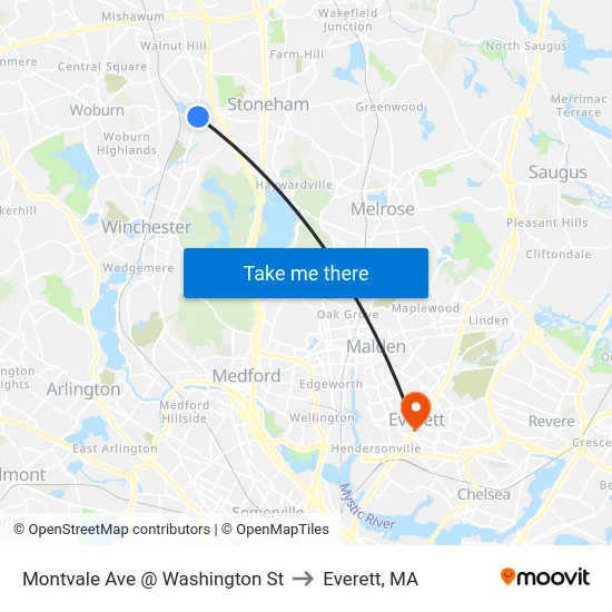 Montvale Ave @ Washington St to Everett, MA map