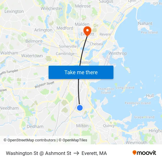 Washington St @ Ashmont St to Everett, MA map