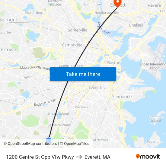 1200 Centre St Opp Vfw Pkwy to Everett, MA map
