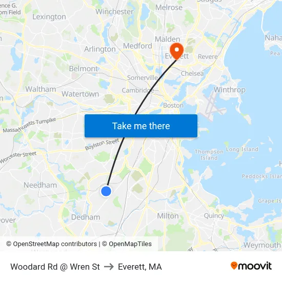 Woodard Rd @ Wren St to Everett, MA map