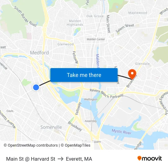 Main St @ Harvard St to Everett, MA map