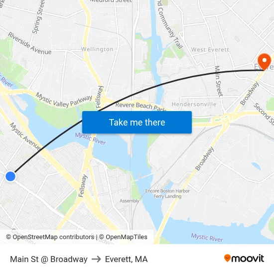 Main St @ Broadway to Everett, MA map