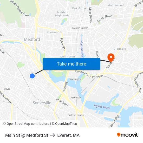 Main St @ Medford St to Everett, MA map