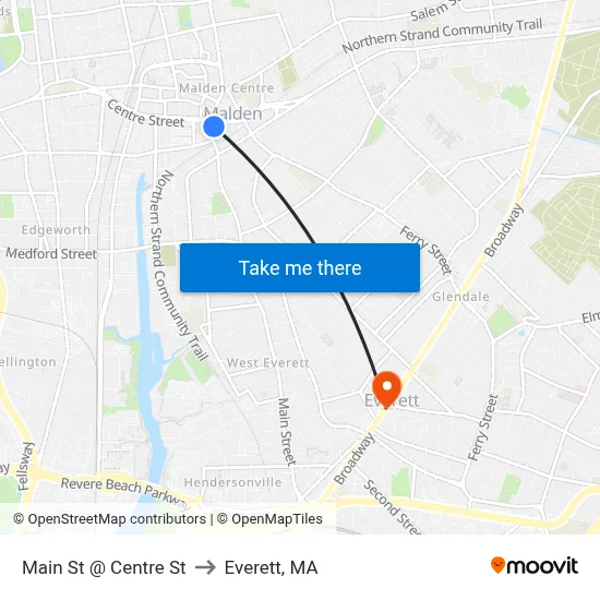 Main St @ Centre St to Everett, MA map