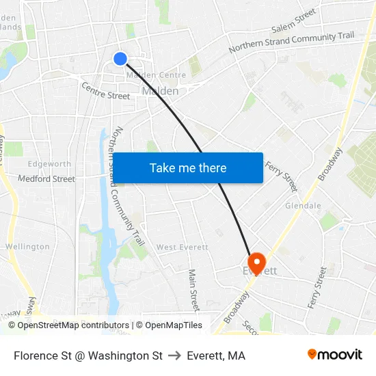 Florence St @ Washington St to Everett, MA map