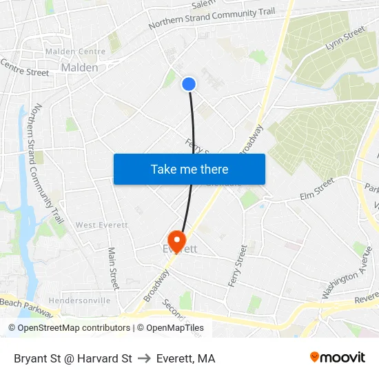 Bryant St @ Harvard St to Everett, MA map