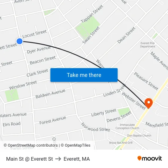 Main St @ Everett St to Everett, MA map
